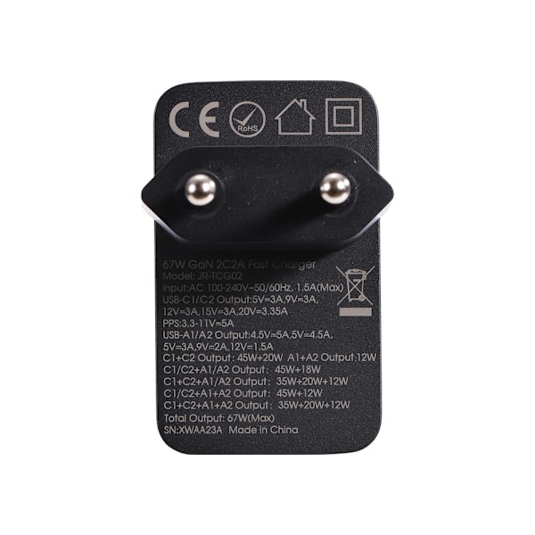 GaN 67W netværksoplader 2x USB 2x USB-C + USB-C kabel 1,2m sort
