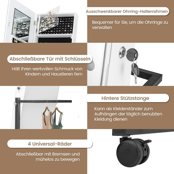Smykkeskab med hjul 4 i 1 spejlskab med 3-farve LED lys & justerbar højde hvid