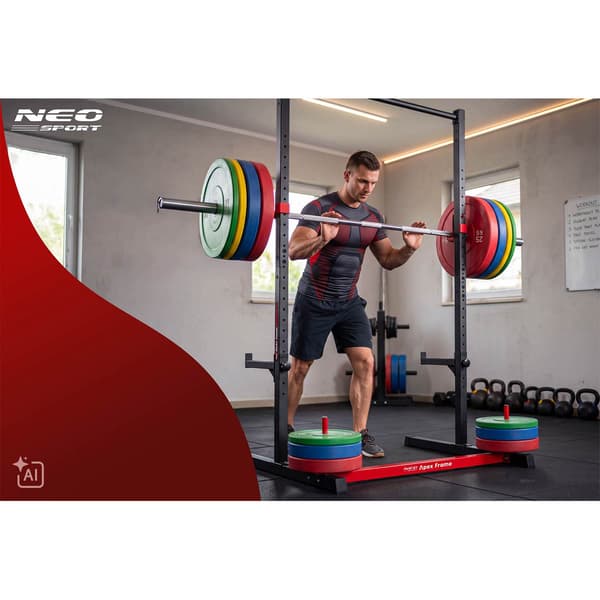 Halvvægtstang med pull-up stang og sikkerhedsstænger, maks. 300 kg, sort-rød