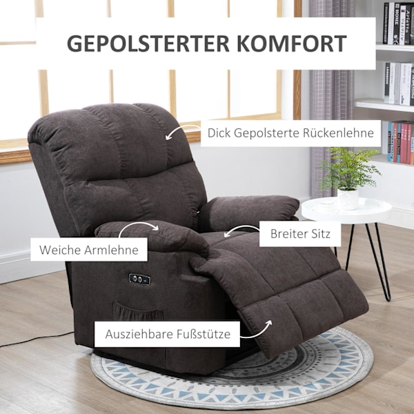 Sähköinen TV-tuoli, rentoutumistuoli seisomalla, kallistustoiminto, USB-portti, pehmustettu TV-tuoli jalkatuella, sivutasku, tummanharmaa
