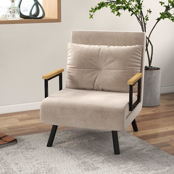 Sovesofa, Afslapningsstol Med Sengefunktion, Gæsteseng Med Fløjlslook, Rygpude, Polstret Sofa Med Justerbart Ryglæn, Beige, 63 X 73 X 81 Cm