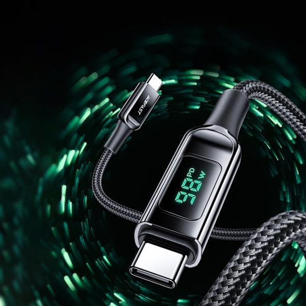 Flettet kabel med LED skærm USB-C 100W 20V 5A 2m sort