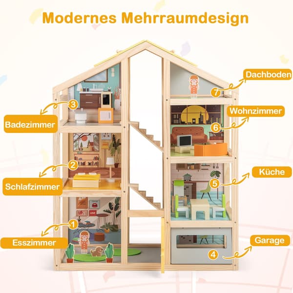 Trædukkehus med møbler og figurer, design til flere rum