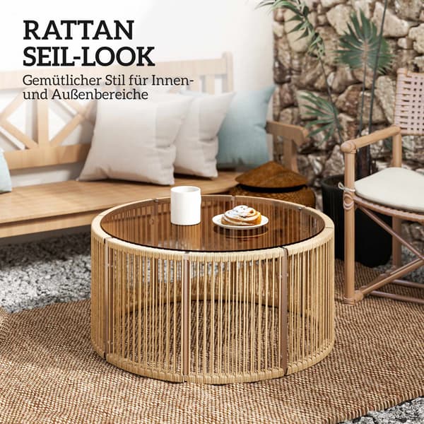 Polyrattan sofabord med glasplade, 70x70x33 cm, brun