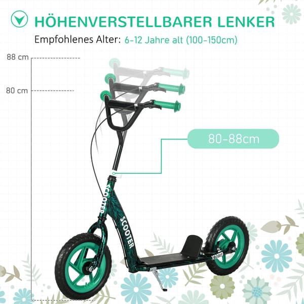 Justerbar barnsparkcykel med broms, stativ, stål, grön