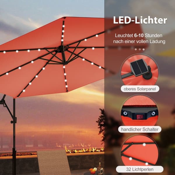 300 cm Solar LED terrasseparaply med håndsving, orange
