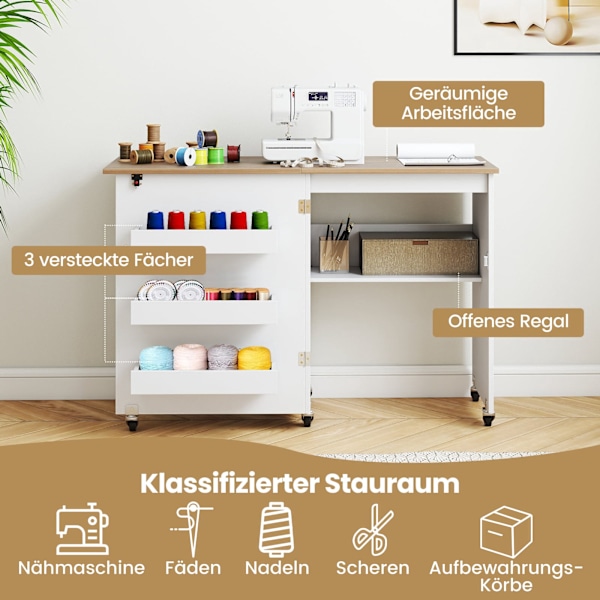 Hopfällbart sybord med förvaring, låsbara hjul, vit