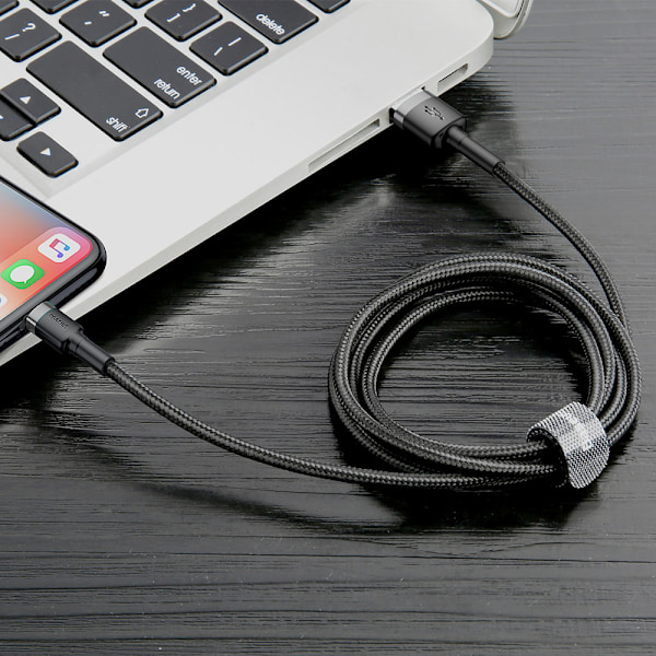 Holdbart flettet kabel til iPhone USB - Lightning QC3.0 2.4A 1m sort-grå