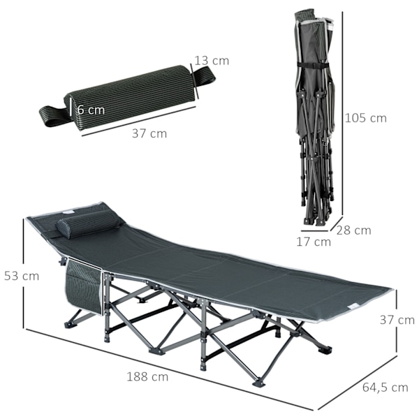 Solstol hopfällbar solstol med kudde sidficka integrerad förvaringsväska metall och Oxford-tyg 188 x 64,5 x 53 cm grå Aosom