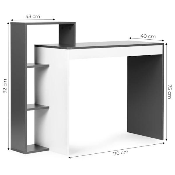 Hvidt og gråt kontor computerbord, bord + reol med 4 hylder