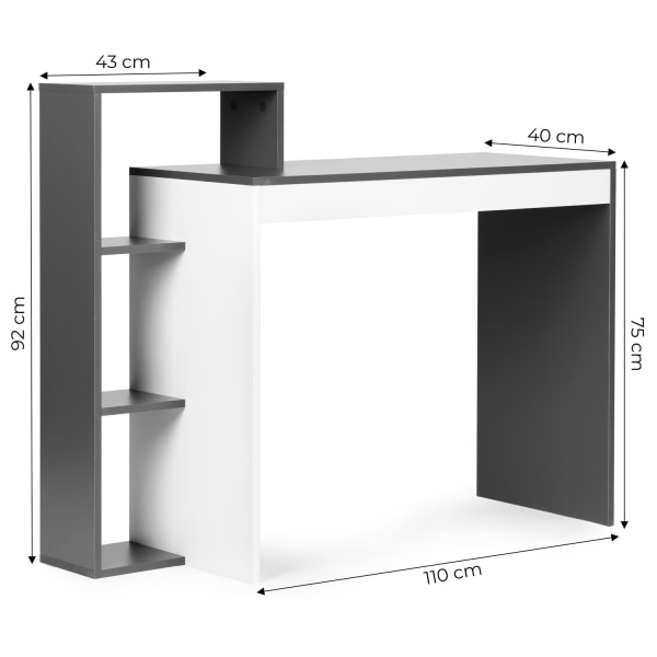 Vitt och grått kontorsdatorbord, bord + bokhylla med 4 hyllor