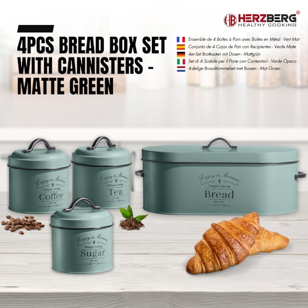 Herzberg HG-04425: 4 stykker vintage brødæske og dåsesæt - Sage Green