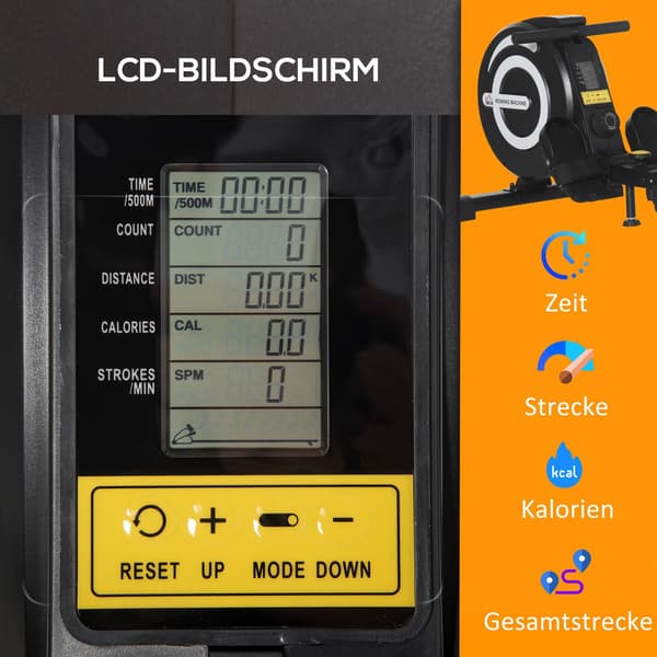 Romaskine til hjemmet, folde-romaskine med 8 niveauer magnetbremsesystem, LCD display, til træning af hele kroppen, aluminium, sort