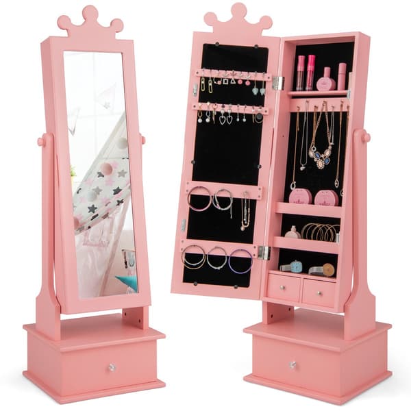 Barnsmyckesskåp med helfigursspegel, lådor, rosa