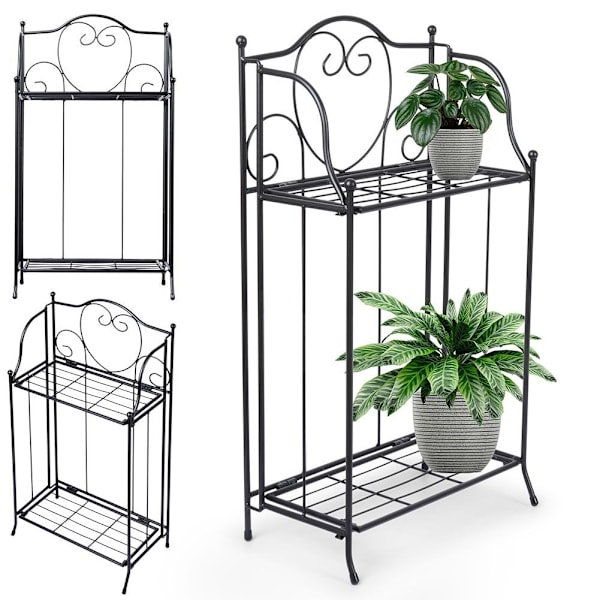 Blomsterstativ i sort metal til krukker, to plan, rustik stil