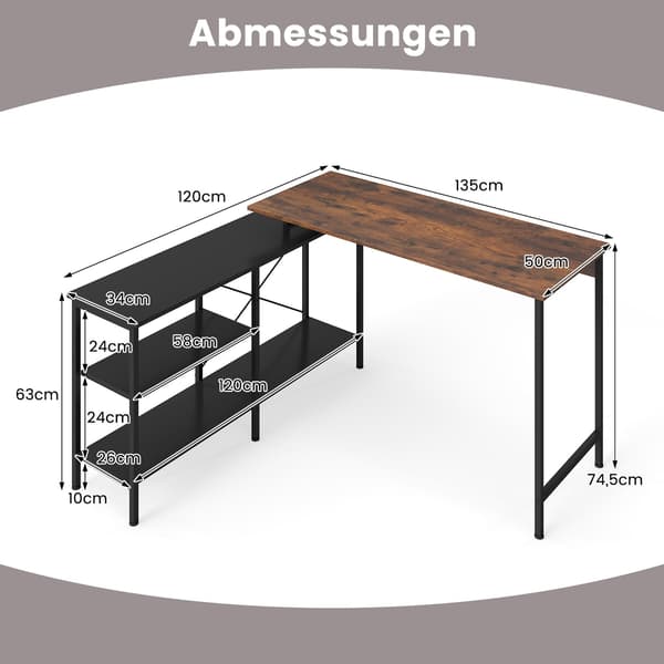 Vendbart L-formet skrivebord med hylder, rustik brun