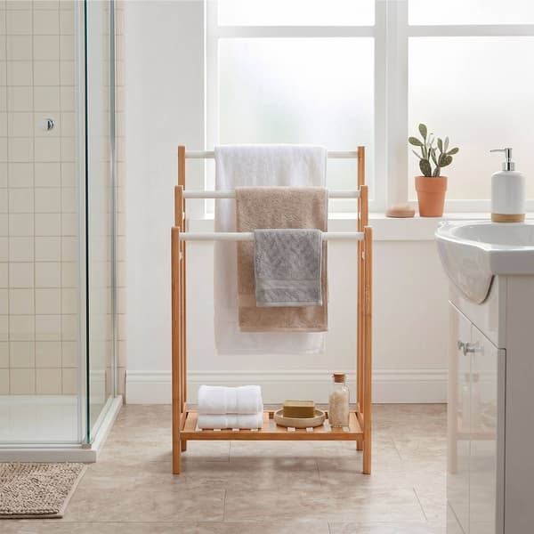 Fristående handdukshängare, bambu och stål, 3 stänger, hyllplan