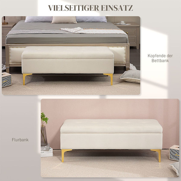 Bænk med opbevaringsplads, polstret bænk med fløjlslook, metalben, sengebænk til stue, soveværelse, entre, 120 x 44 x 44,5 cm, beige