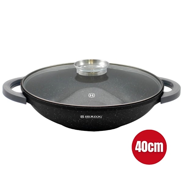 Herzog HR-5231: 40 cm marmorbelagd wok med glaslock Aromaknopp -