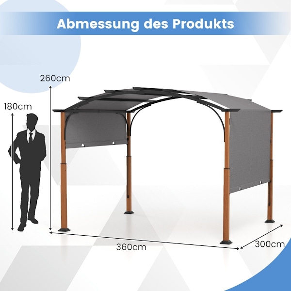 3,6 x 3 m pergola med infällbart tak Vattentätt Stabil Vintertät Gazebo Grå