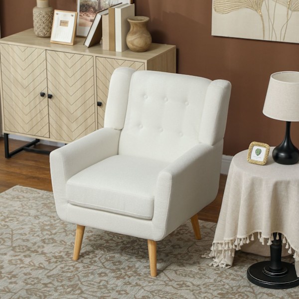 Fåtölj Vardagsrum Wing Stol Vadderad Tuftad Lounge Chair Avslappningsstol med Teddy Fleece Look Träben Klädd Stol för Sovrum Vit Aosom