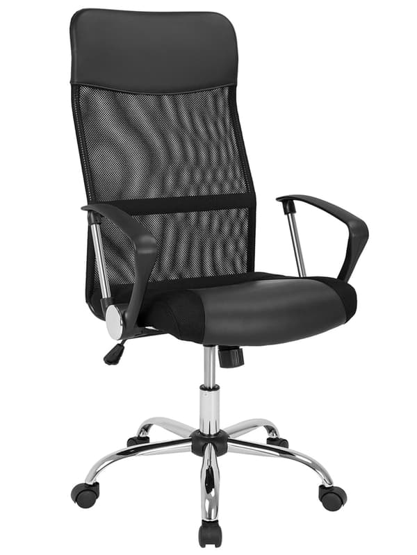 Ergonomisk sort kontorstol, net og PU-læder, høj ryg
