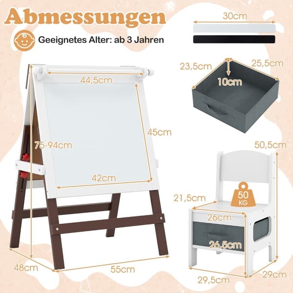 Justerbart børnestaffeli og stolesæt med tavle og whiteboard