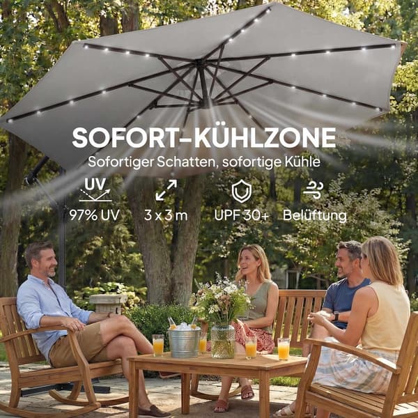 Fritstående terrasseparasol, 3x3m, solcelledrevne LED-lys, UV-resistent