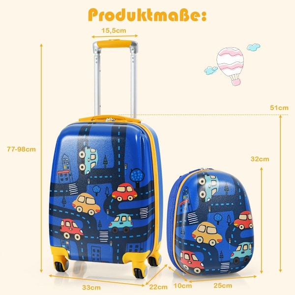 2-osainen lasten matkalaukkusarja kova kotelo ja reppu 33 x 22 x 51 cm tummansininen
