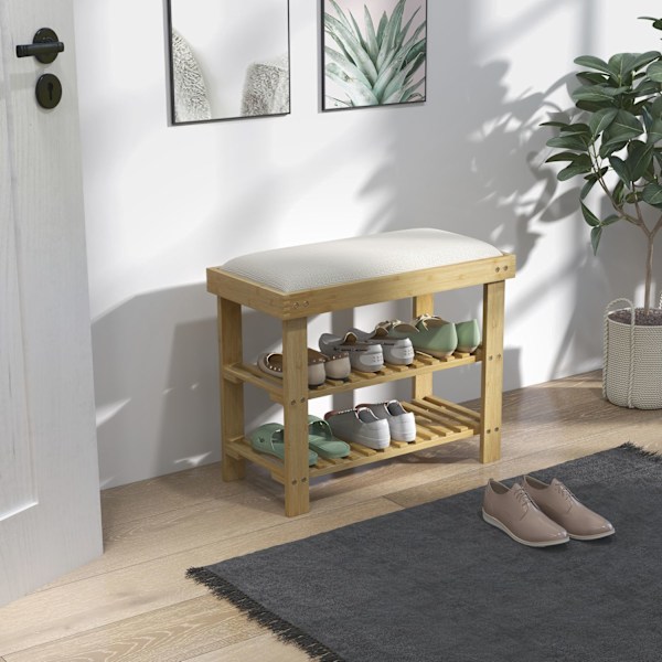 Skobænk med sæde, bambusbænk med opbevaringsplads, skohylde med 2 åbne rum, bænk, garderobebænk til stue, entre, 60 x 29 x 49 cm cremehvid |