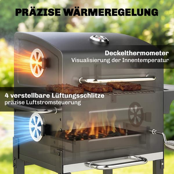 Kompakt kolgrill med termometer och sidobord