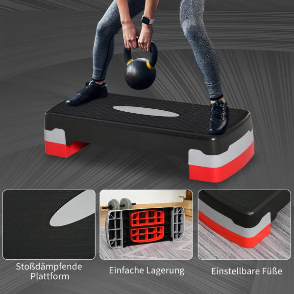 Stepping Board Aerobic Fitness 2-Tason Korkeussäädettävä (10/20 Cm), Kuntopyörä Stepper, Musta+Harmaa+Punainen, 68X28X15Cm