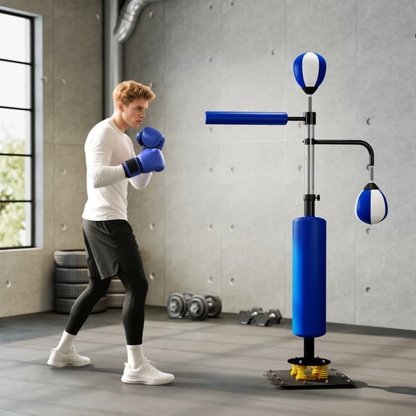 Justerbart boxningsställ med speedballs och sparkplatta