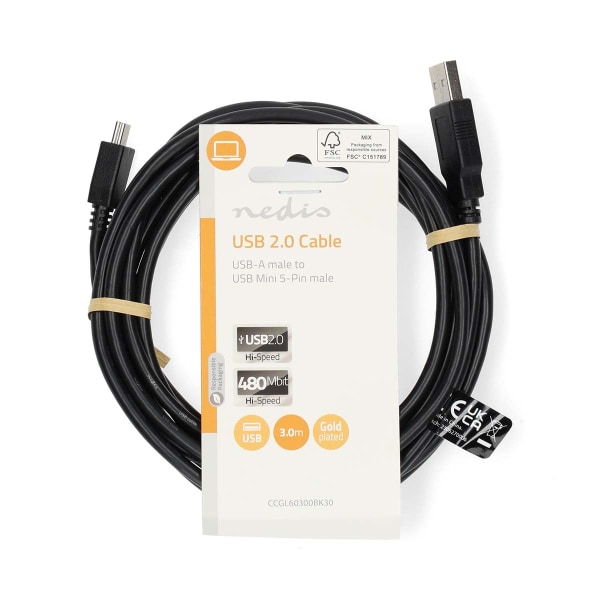 USB kaapeli | USB 2.0 | USB-A Uros | USB Mini-B 5 pin Uros | 480 Mbps | Niklattu | 3.00 m | Pyöreä | PVC | Musta | Label