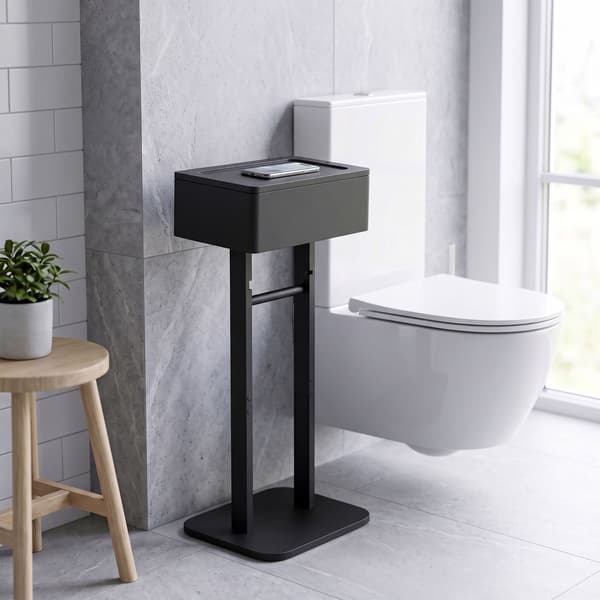 WC-paperiteline säilytyshyllyllä – musta bambu