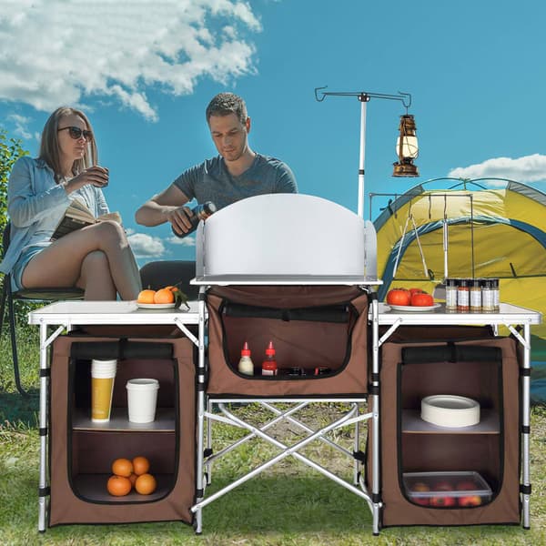 Campingkøkkenbord – Sammenklappeligt, 3 skabe, forrude