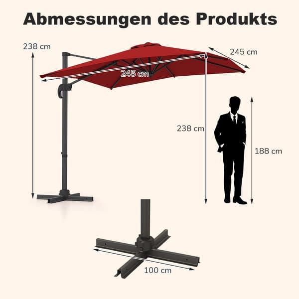 Rektangulær terrasseparasol 250x250 cm med håndsving, rød