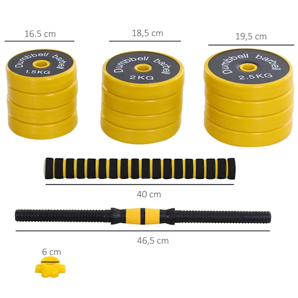 25 kg håndvægtsæt 3-i-1 justerbar ergonomisk med 12 plader 2 korte pinde og 1 lang pind i gul sort til fitness