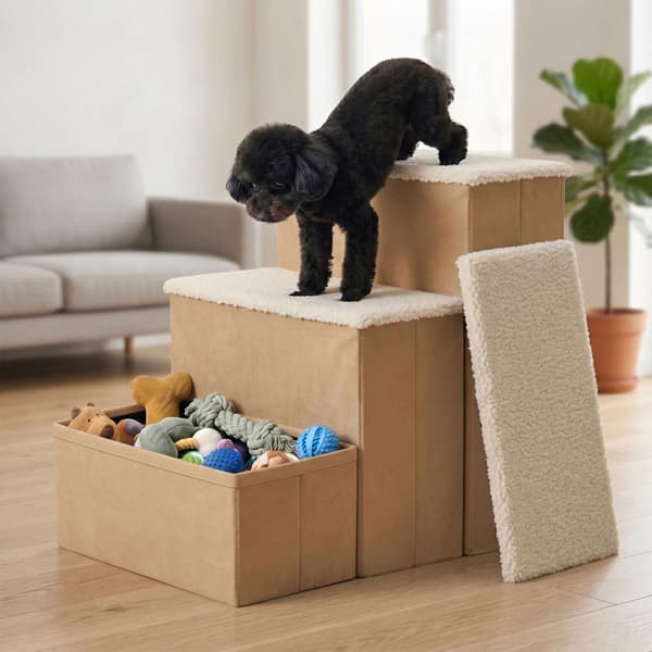 Hopfällbara hundtrappor med förvaring, beige, medium