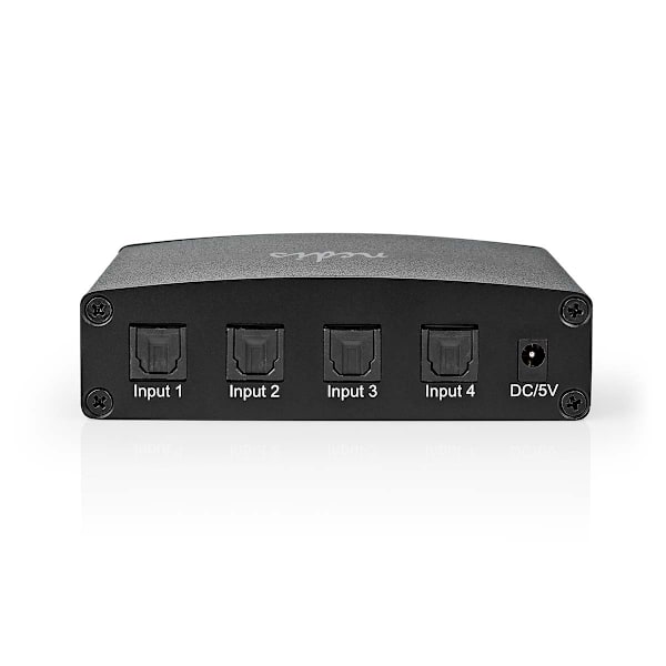Digital Audio Switch | 4-vejs | Tilslutninger indgang: DC strøm / 4x TosLink | Tilslutninger udgang: TosLink Hun | Fjernbetjening / Manual / Trykknap