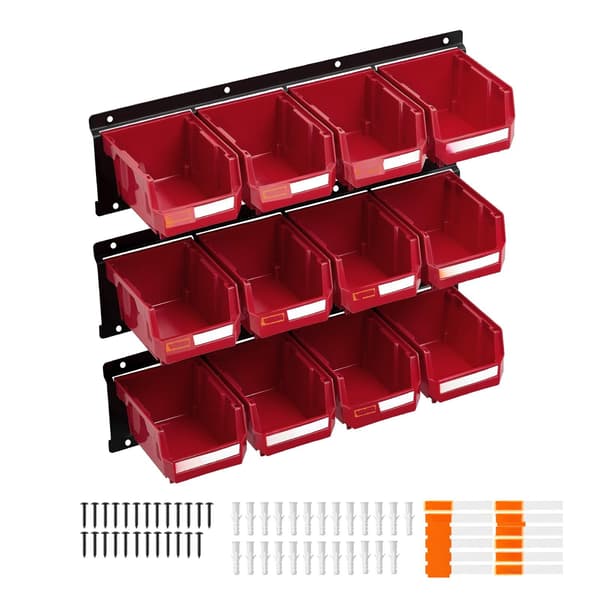 Väggmonterade förvaringslådor, 12-pack med 3 skenor, röda