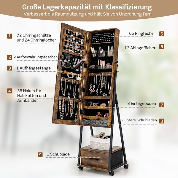 Smykkeskab med spejl & skuffe Smykkespejlskab på hjul brun
