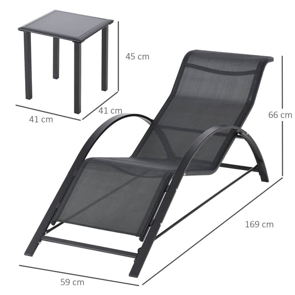 Udendørs loungesæt, 2 lænestole og sidebord, sort stof