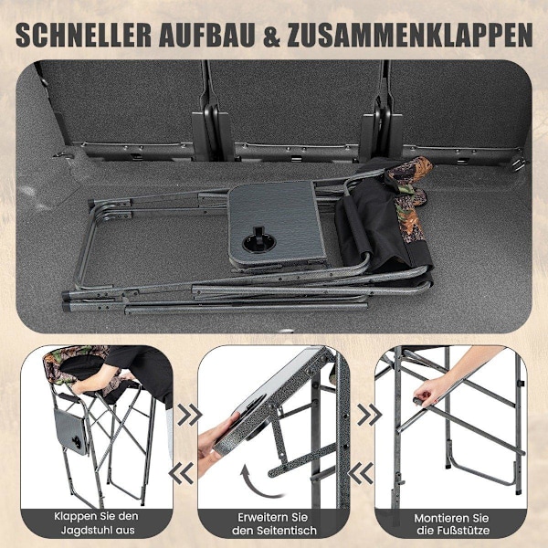 Hopfällbar hög jaktstol Robust överdimensionerad regissörsstol med sidobord Lastkapacitet 150 kg