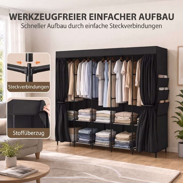 Bærbart stofgarderobe, støvtæt, 5 stænger, sort, 212x45x167 cm
