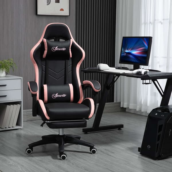 Gamingstol med fodstøtte, 135 cm lænefunktion, lyserød og sort