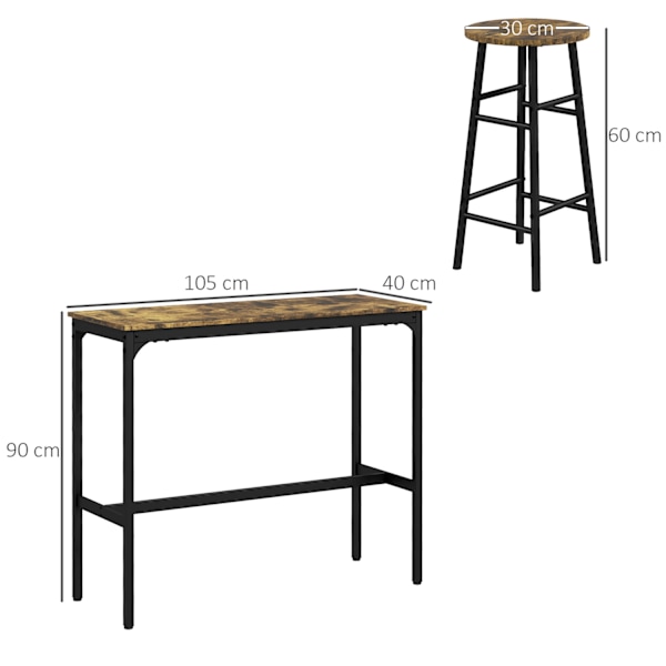 Barbordsset, 3 st. Barbord med barstolsset, matgrupp i industriell design, köksbord med 2 barstolar, för matsal, kök, stål, rustikt brun