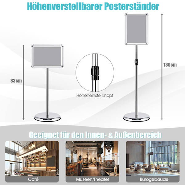 Justerbart A4 skiltestandersæt, roterende display, sølv