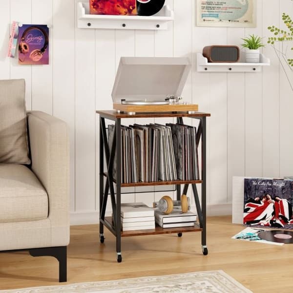 Skivspelareställ med vinylförvaring, låsbara hjul