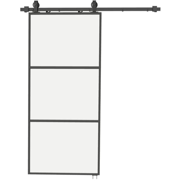 Skydedørssæt med matteret glas, soft-close, sort stål